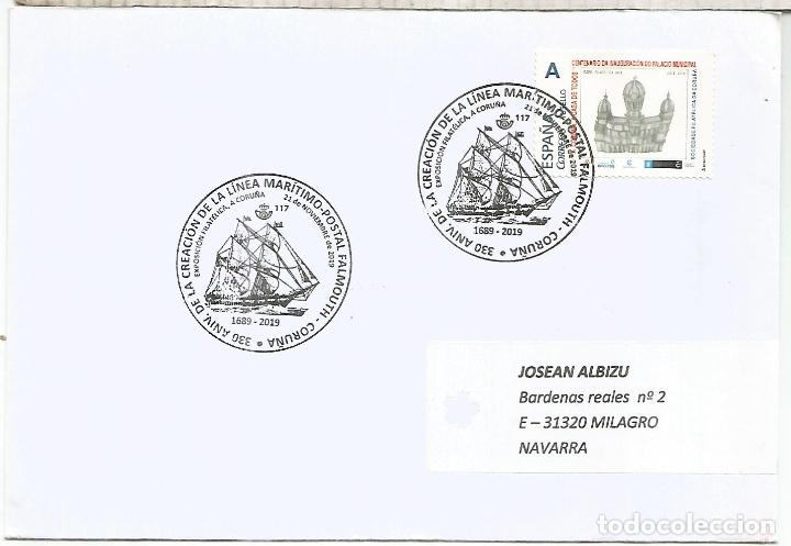 Timbres: CORU&Ntilde;A CC CON TUSELLO Y MAT LINEA CORREO MARITIMO FALMOUTH CORU&Ntilde;A SAIL VELERO