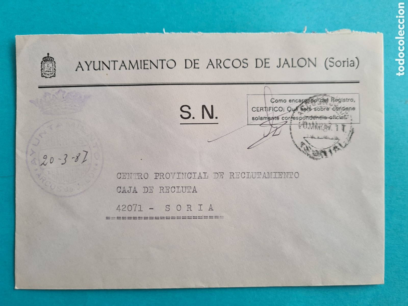 Francobolli: CARTA FRANQUICIA ARCOS DE JALON (SORIA) 1987 + FECHADOR CIRCULAR MISMO PUEBLO