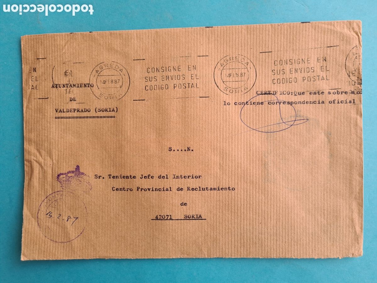 Stamps: CARTA FRANQUICIA VALDEPRADO (SORIA) 1987 + RODILLO FECHADOR DE AGREDA