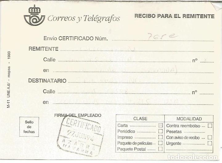 Sellos: AZAGRA NAVARRA RESGUARDO DE ENVIO CERTIFICADO 1994 - Foto 1