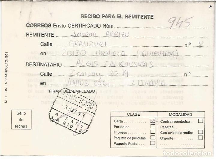 Francobolli: ALFARO LA RIOJA RESGUARDO DE ENVIO CERTIFICADO 1993