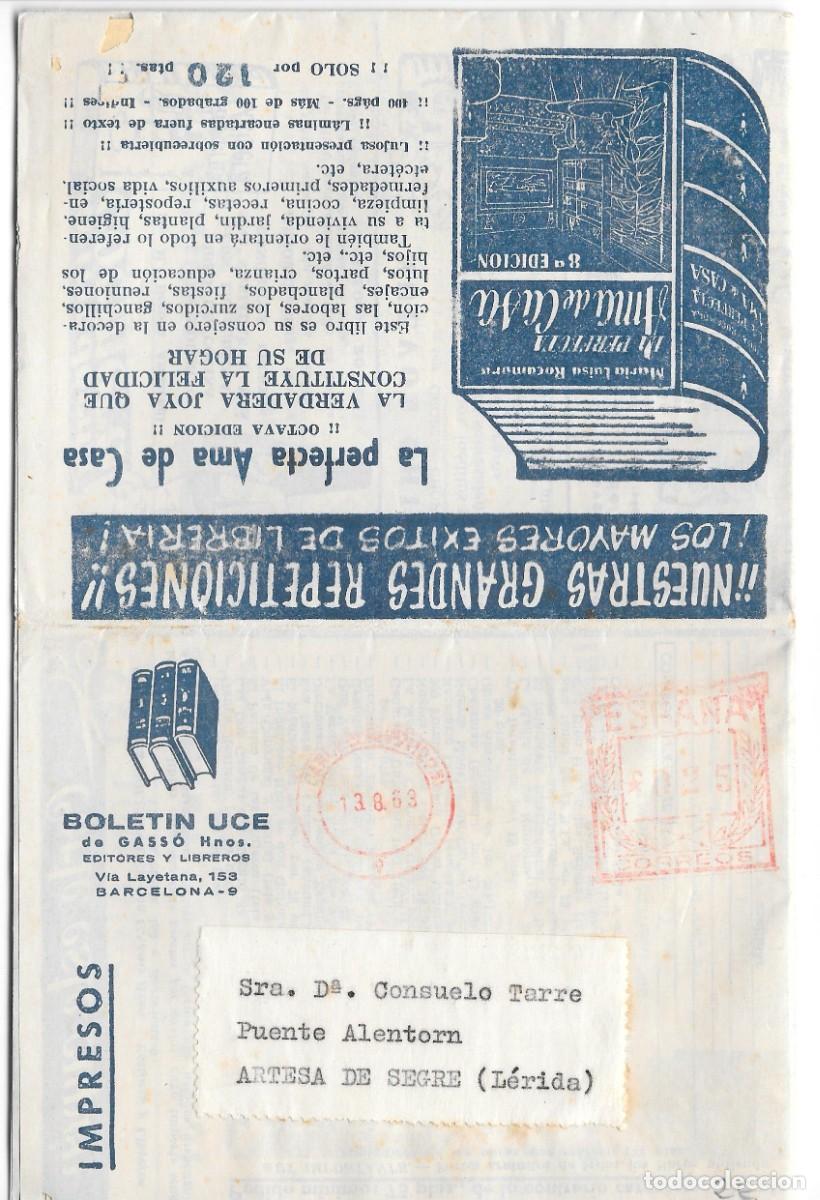 Selos: IMPRESO TIPO FOLLETO CIRCULADO DE BARCELONA A ARTESA DEL SEGRE 1963