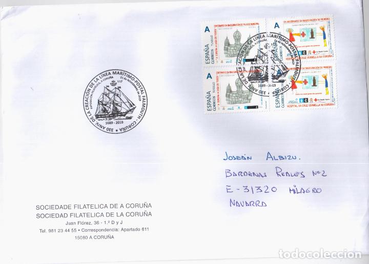 Stamps: CORU&Ntilde;A CC CON TUSELLO Y MAT LINEA CORREO MARITIMO FALMOUTH CORU&Ntilde;A SAIL VELERO
