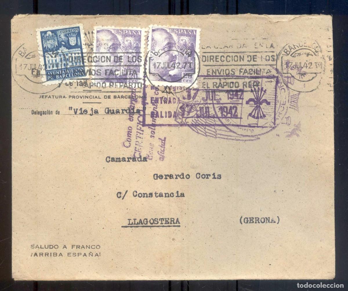 Sellos: NUMULITE P0233 Franquicia F.E.T. y de las J.O.N.S. morada Vieja Guardia Barcelona Llagostera Falange