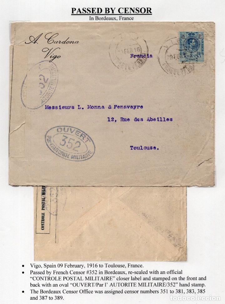 Stamps: VIGO PONTEVEDRA WW1 A TOULOUSE CON CENSURA MILITAR FRANCESA 1916