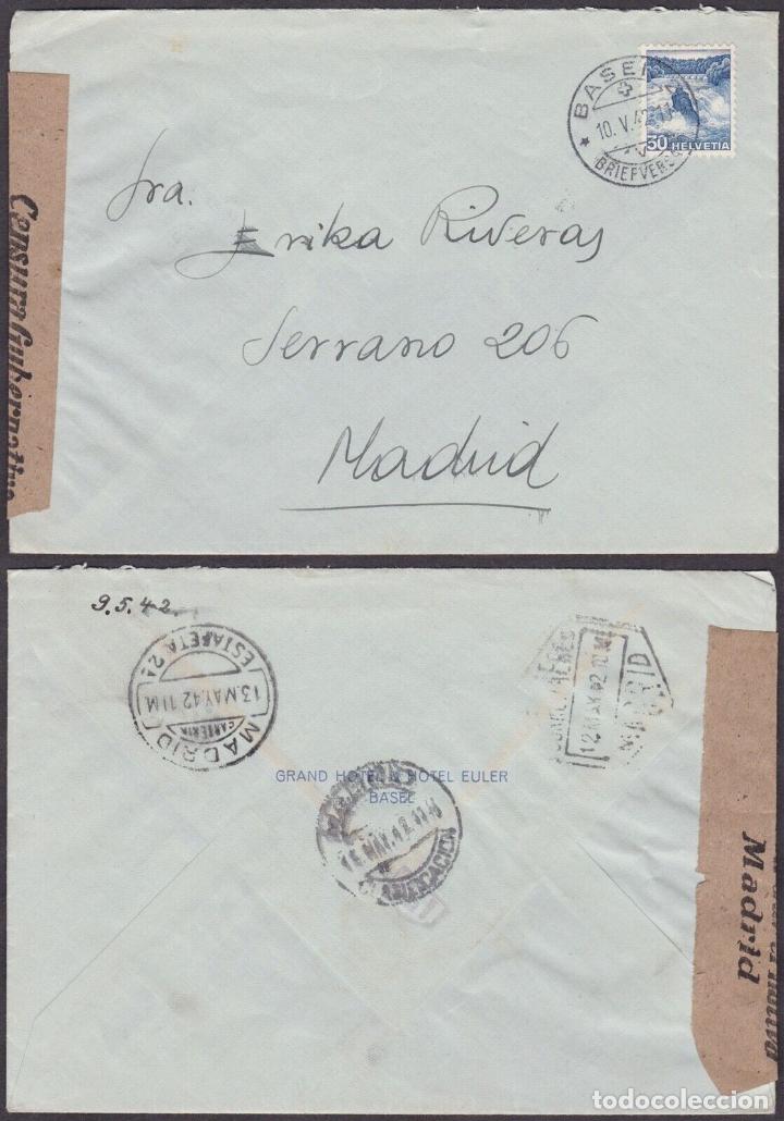 Sellos: SUIZA BASEL A MADRID 1942 CON CENSURA Y LLEGADAS NAT AEREO ESTFETA 2 Y CLASIFICACION - Foto 1