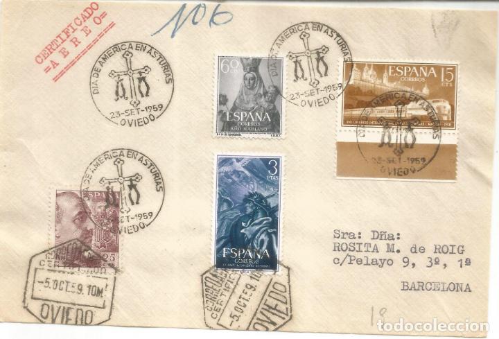 Stamps: OVIEDO ASTURIAS FRONTAL MAT DIA AMERICA Y AEREO CERTIFICADO 1959