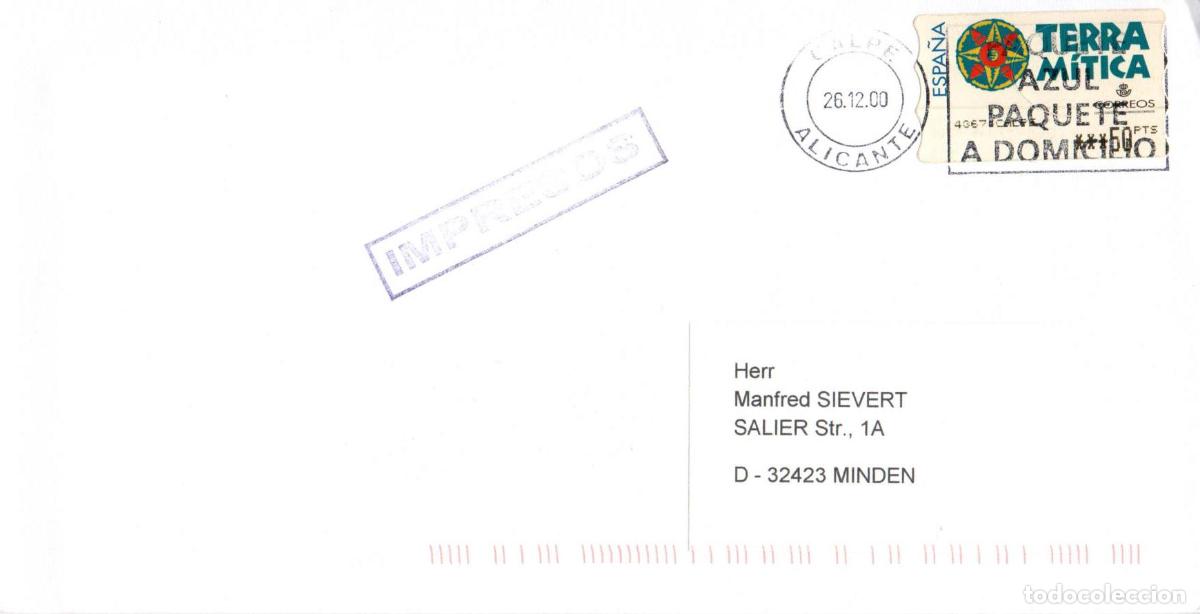 Briefmarken: ESPA&Ntilde;A SPAIN CC IMPRESOS CALPE ALICANTE ATM TERRA MITICA 2000