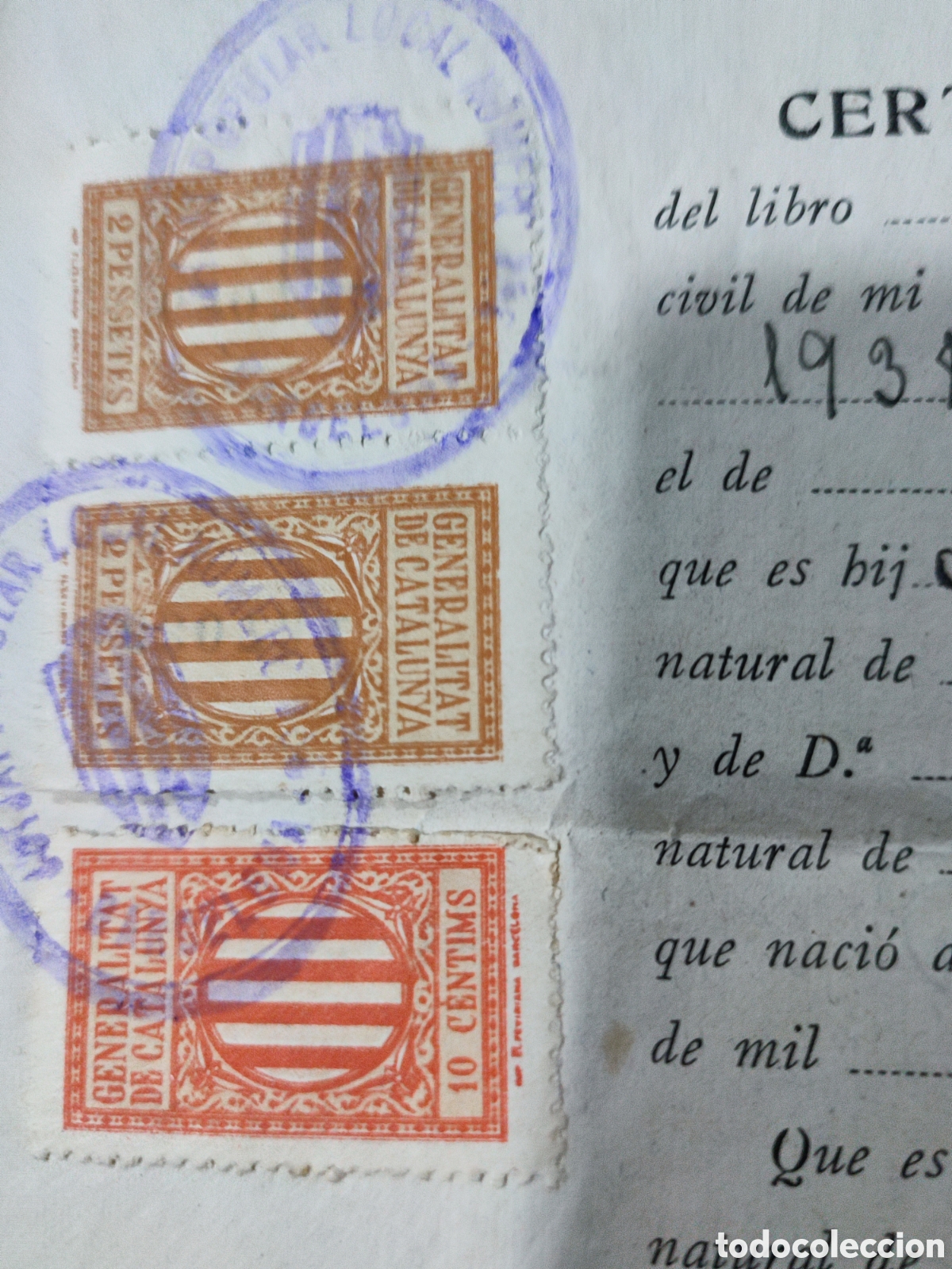 Sellos: Fiscal - Certificado nacimiento 1938. Barcelona - Foto 2