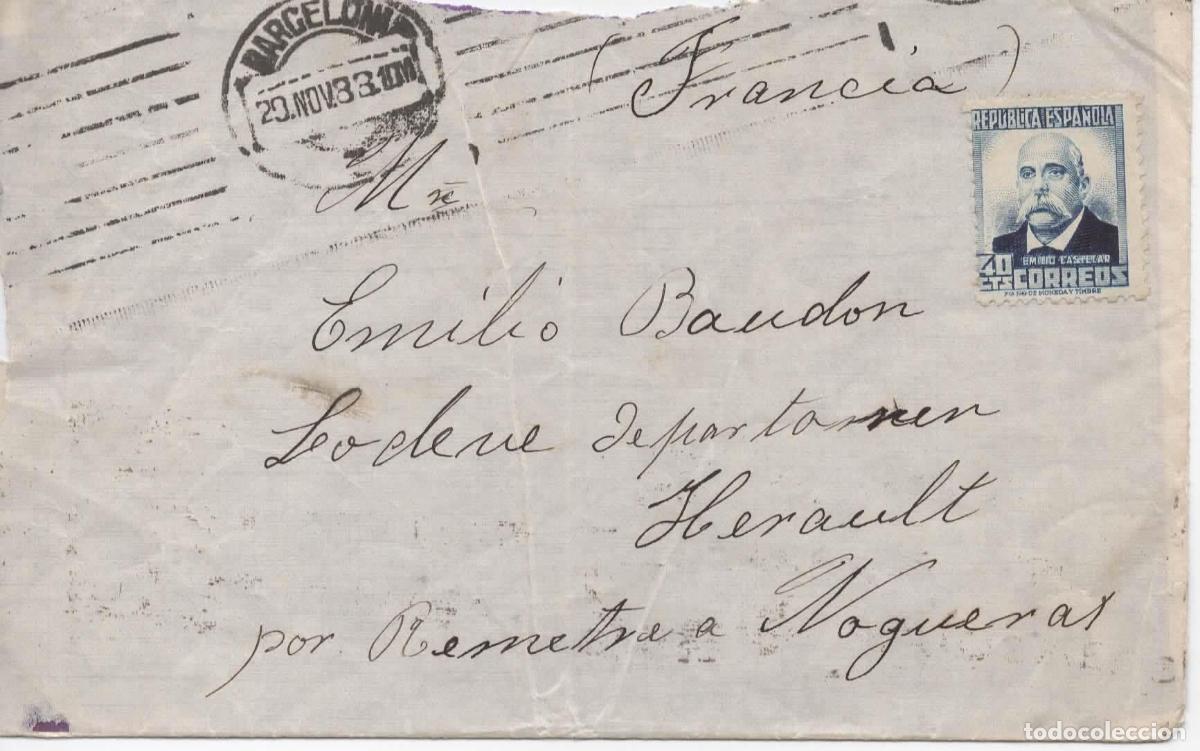 Francobolli: SEGUNDA REPUBLICA BARCELONA A LODEVE 1933 SELLO CASTELAR 40 CTS