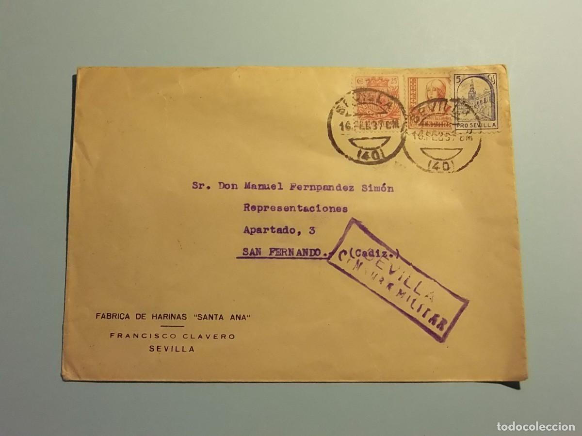 Briefmarken: SOBRE ORDINARIO (SEVILLA-SAN FERNANDO) 1937 - CENSURA MILITAR - EDIFIL 823, ISABEL Y PRO SEVILLA