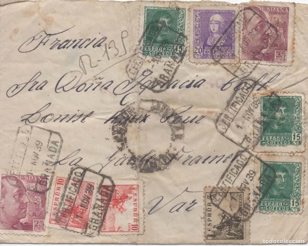 Sellos: GRANADA A FRANCIA CERTIFICADA 1939 CON CENSURA - Foto 1