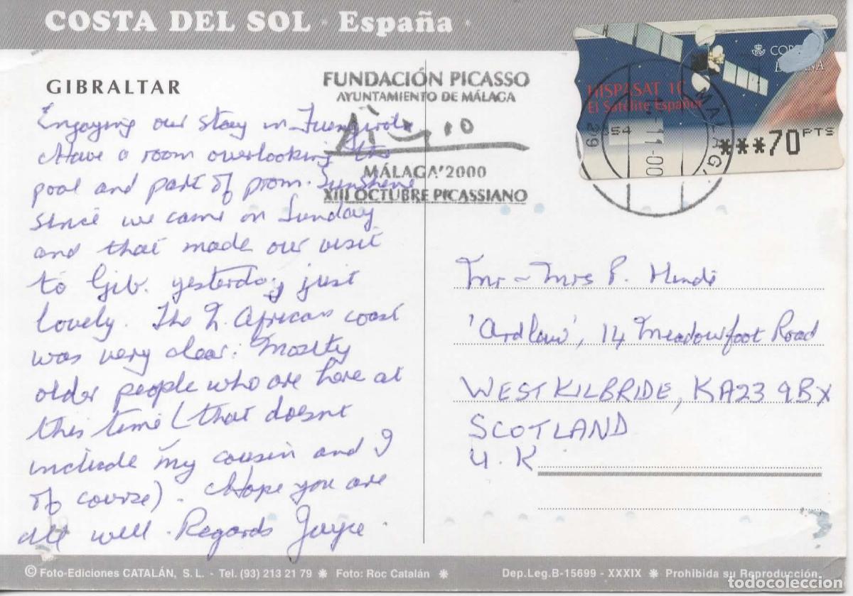 Sellos: POSTAL GIBRALTAR CON ATM HISPASAT MAT MALAGA PICASSO 2000 - Foto 1
