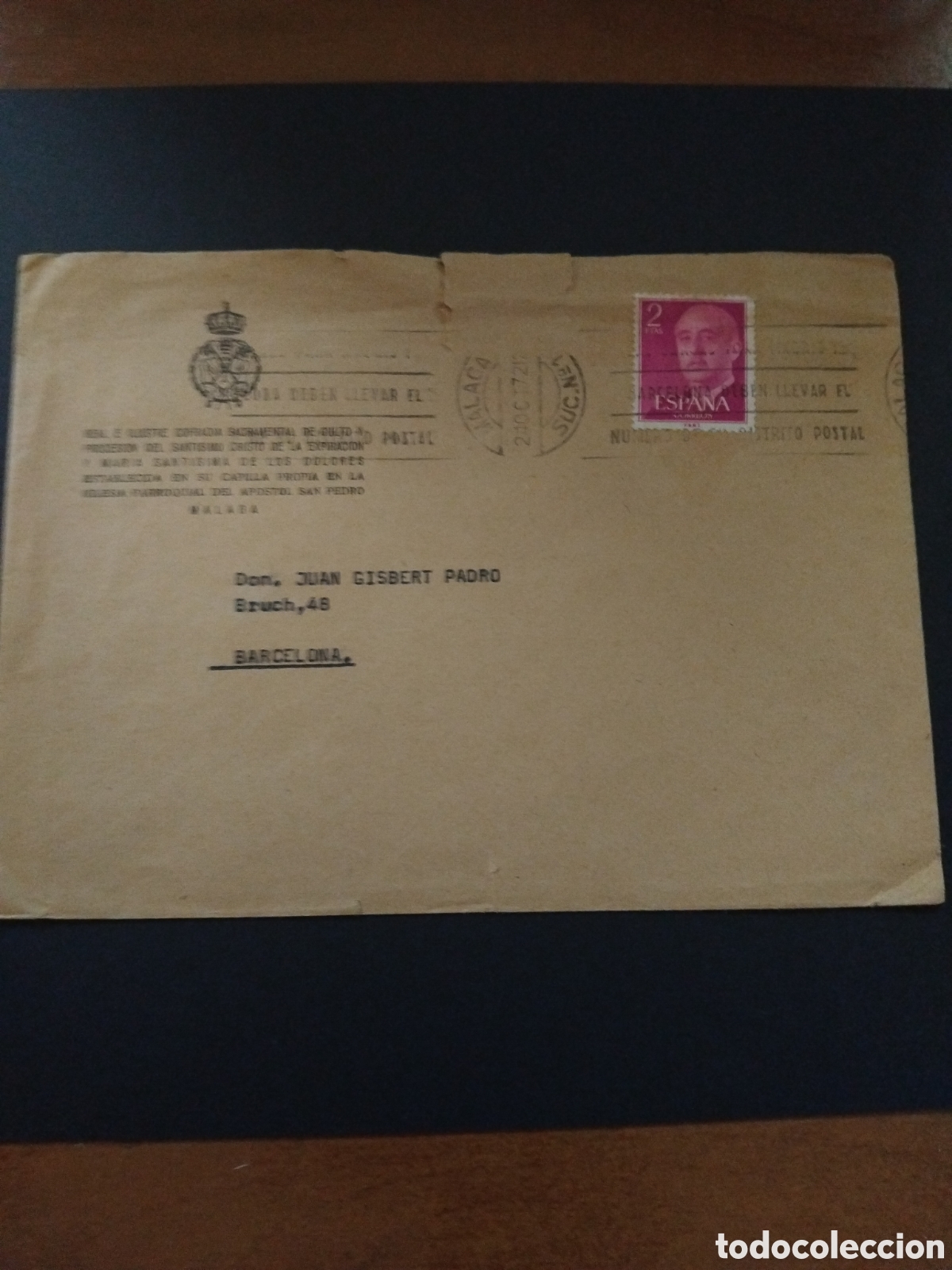 Sellos: 1972. Carta dirigida de M&aacute;laga a Barcelona. - Foto 1