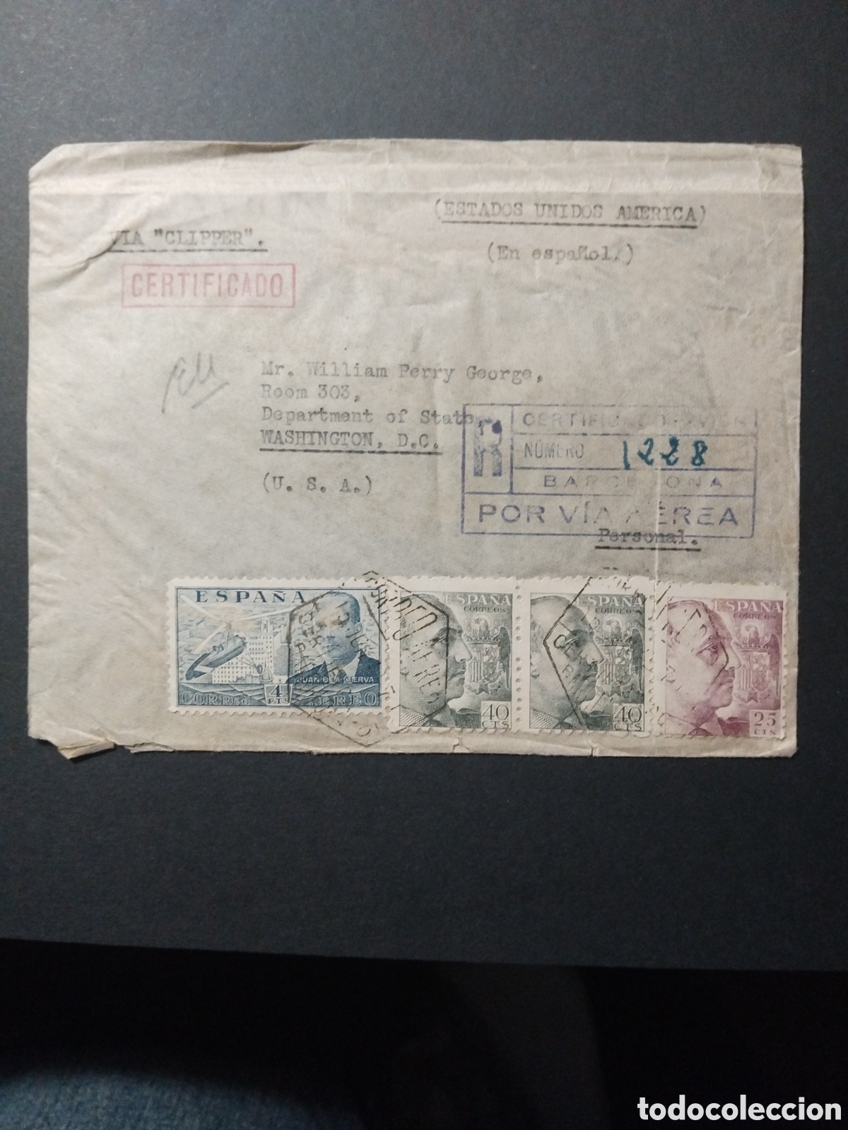 Sellos: Estado espa&ntilde;ol. 1942. Carta dirigida de Barcelona a Washington DC al departamento de estado en Am&eacute;ri - Foto 1