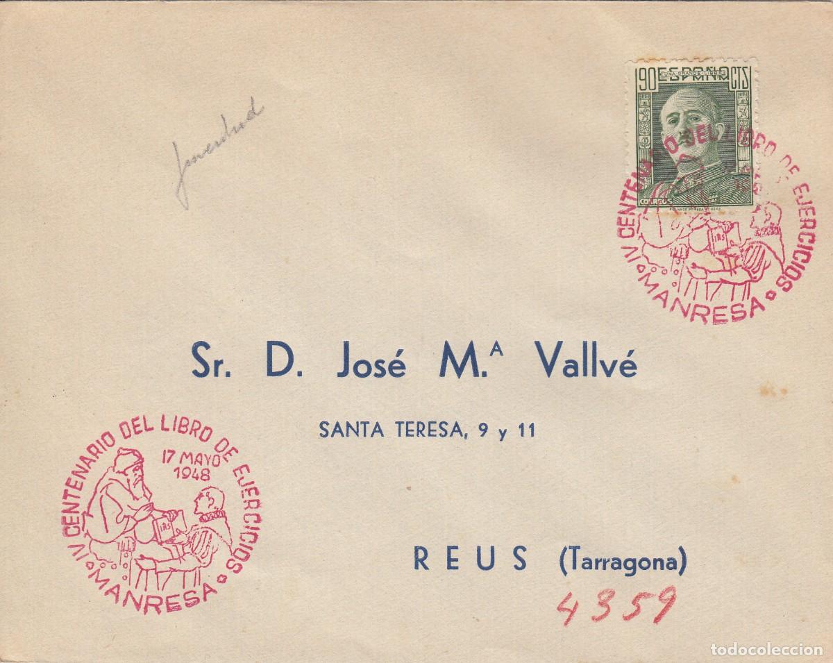 Sellos: SOBRE CIRCULADO CON MATASELLOS ROJO DE CENTENARIO DEL LIBRO DE EJERCICIOS EN MANRESA - 1948 - Foto 1