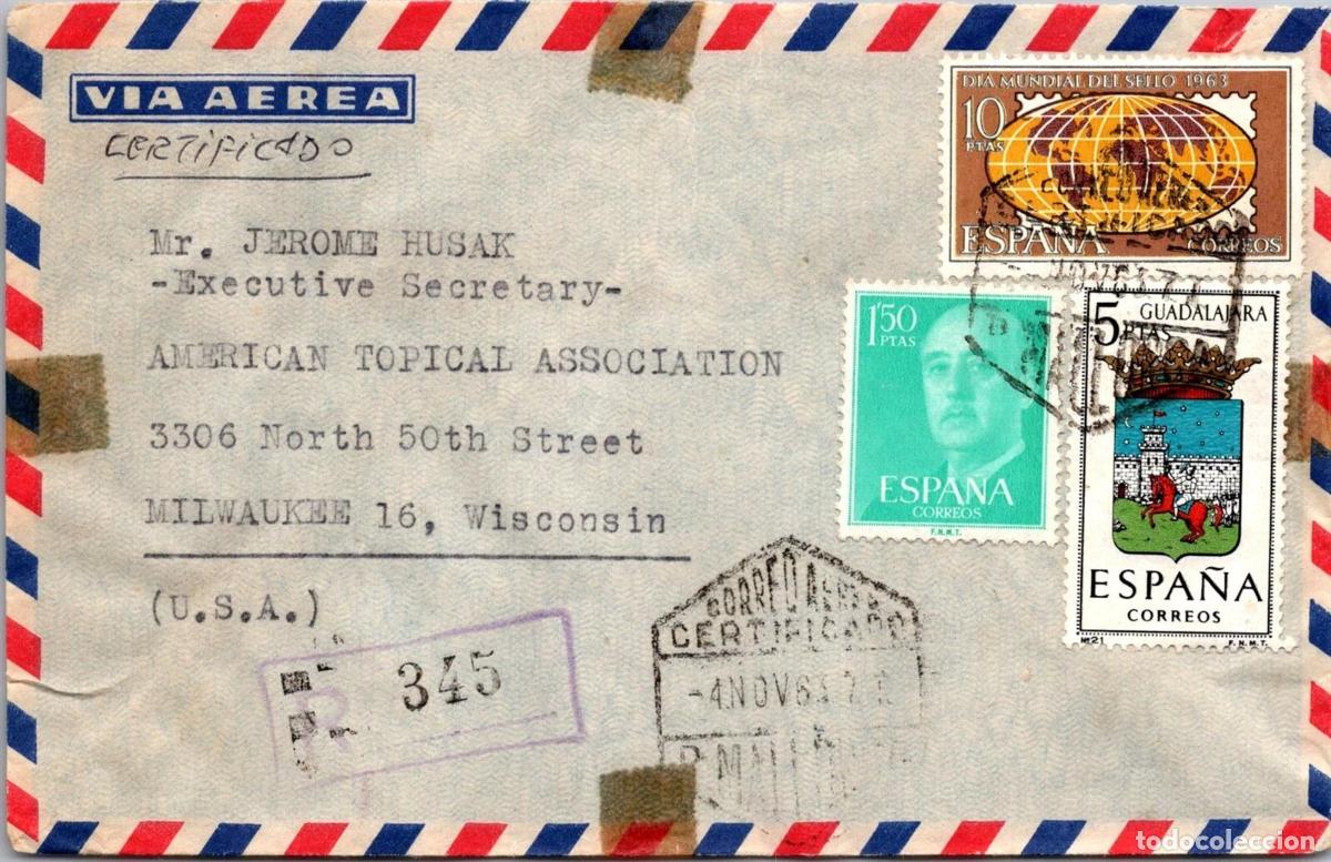 Sellos: PALMA MALLORCA A USA CERTIFICADA AEREA 1963 MAT HEXAGONAL - Foto 1