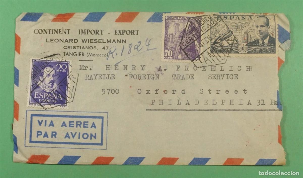 Sellos: TANGER A USA AEREA CERTIFICADA 1951 - Foto 1