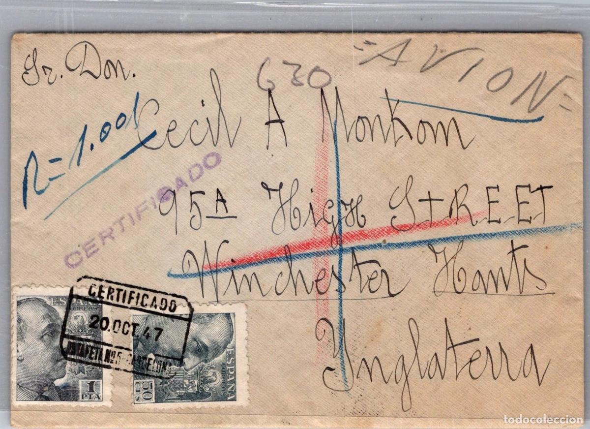 Sellos: BARCELONA A INGLATERRA CERTIFICADA AEREA 1947 - Foto 1