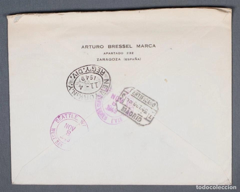 Sellos: ZARAGOZA A USA CERTIFICADA SELLO BIMILENARIO DE CASTILLA 1949 - Foto 2