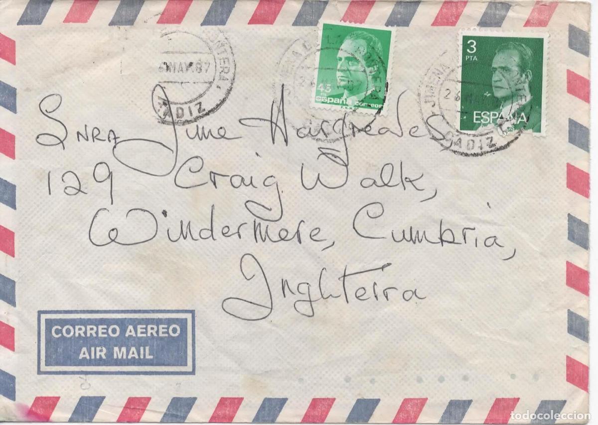 Sellos: JEREZ DE LA FRONTERA CADIZ CC A UK 1987 CON LLEGADAS DEFECTOS - Foto 1