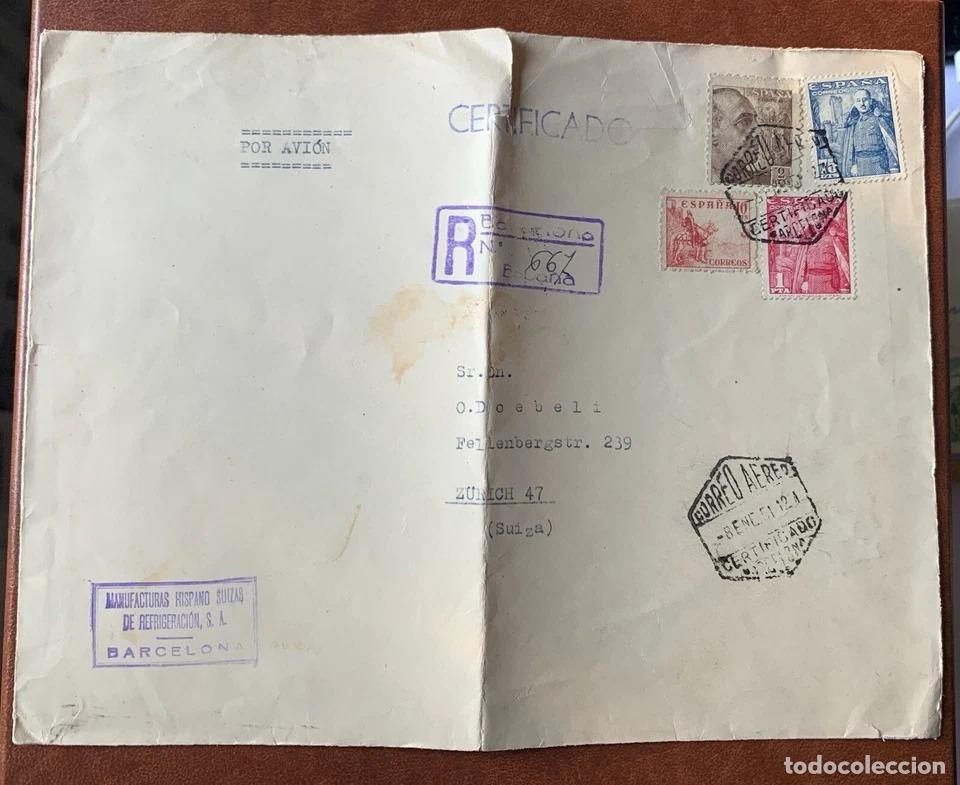 Sellos: BARCELONA CERTIFICADA AEREA A SUIZA 1951 - Foto 1