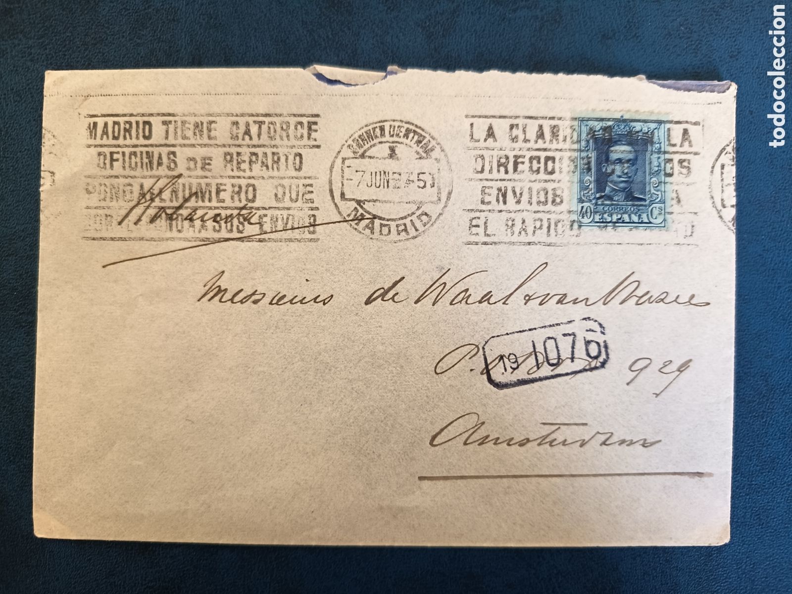 Sellos: SOBRE CIRCULADO CON MATASELLO ESPECIAL DE RODILLO (N&ordm; 73) DE OFICINAS DE REPARTO . Circulado