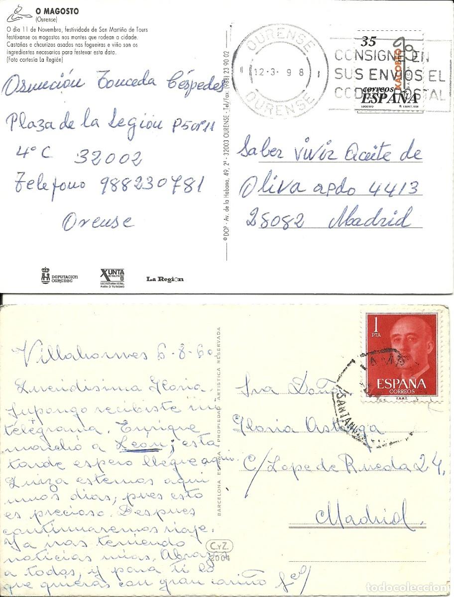 Sellos: 2 Postales Antiguas Circuladas:de Ourense y Santander - Foto 1