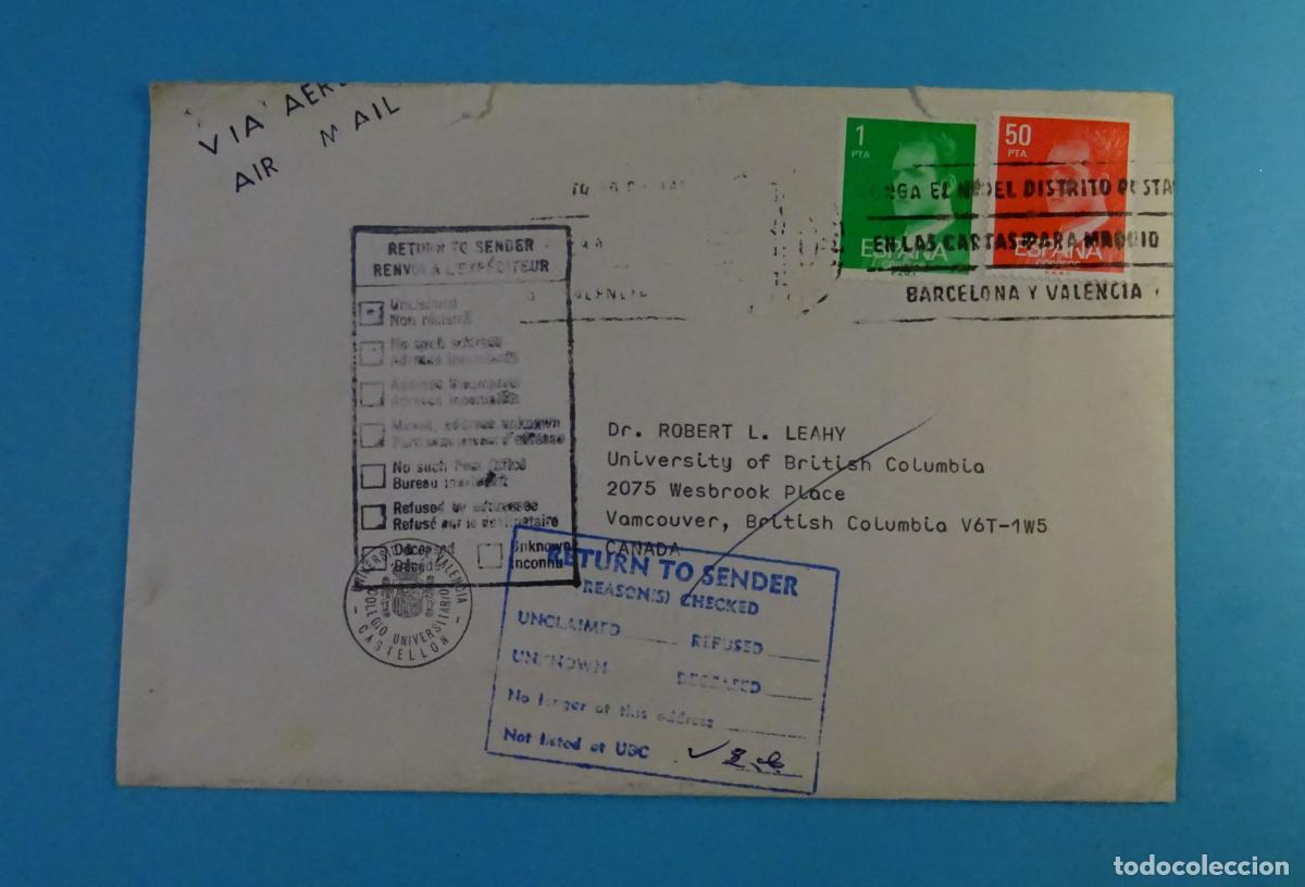Sellos: SOBRE CIRCULADO CASTELL&Oacute;N A CANAD&Aacute; CON MARCAS DE DEVOLUCI&Oacute;N - Foto 1