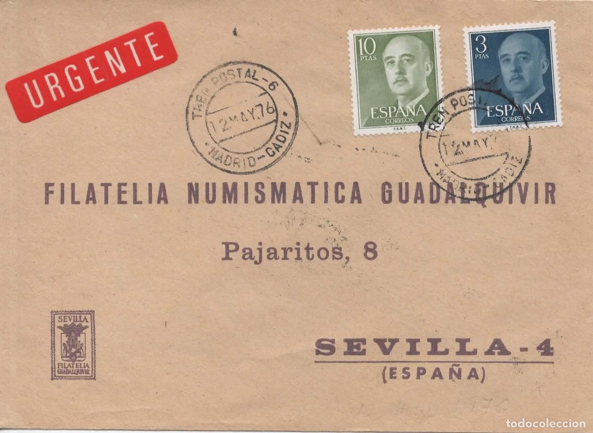 Sellos: CC URGENTE A SEVILLA CON MAT TREN POSTAL 6 MADRID CADIZ 1976 RAILWAY
