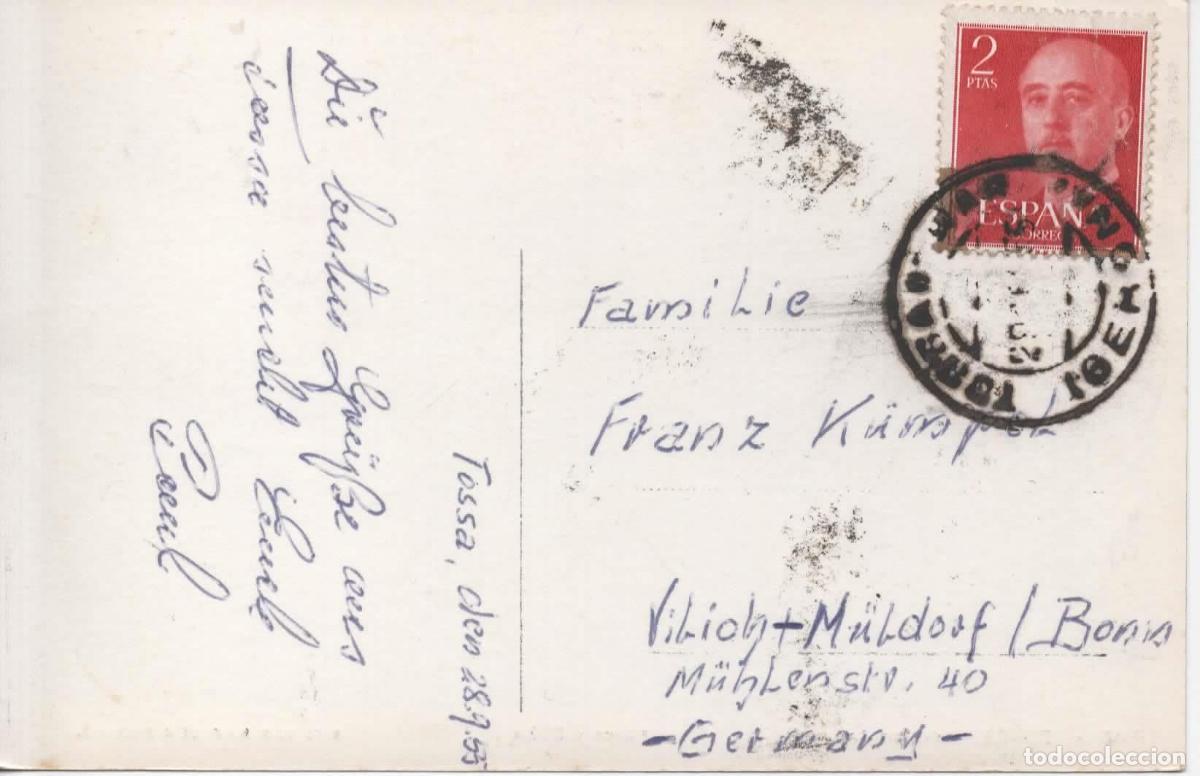 Sellos: TARJETA POSTAL TOSSA DE MAR A ALEMANIA FRANQUEO BASICA FRANCO 2 PESETAS ROJO 1955