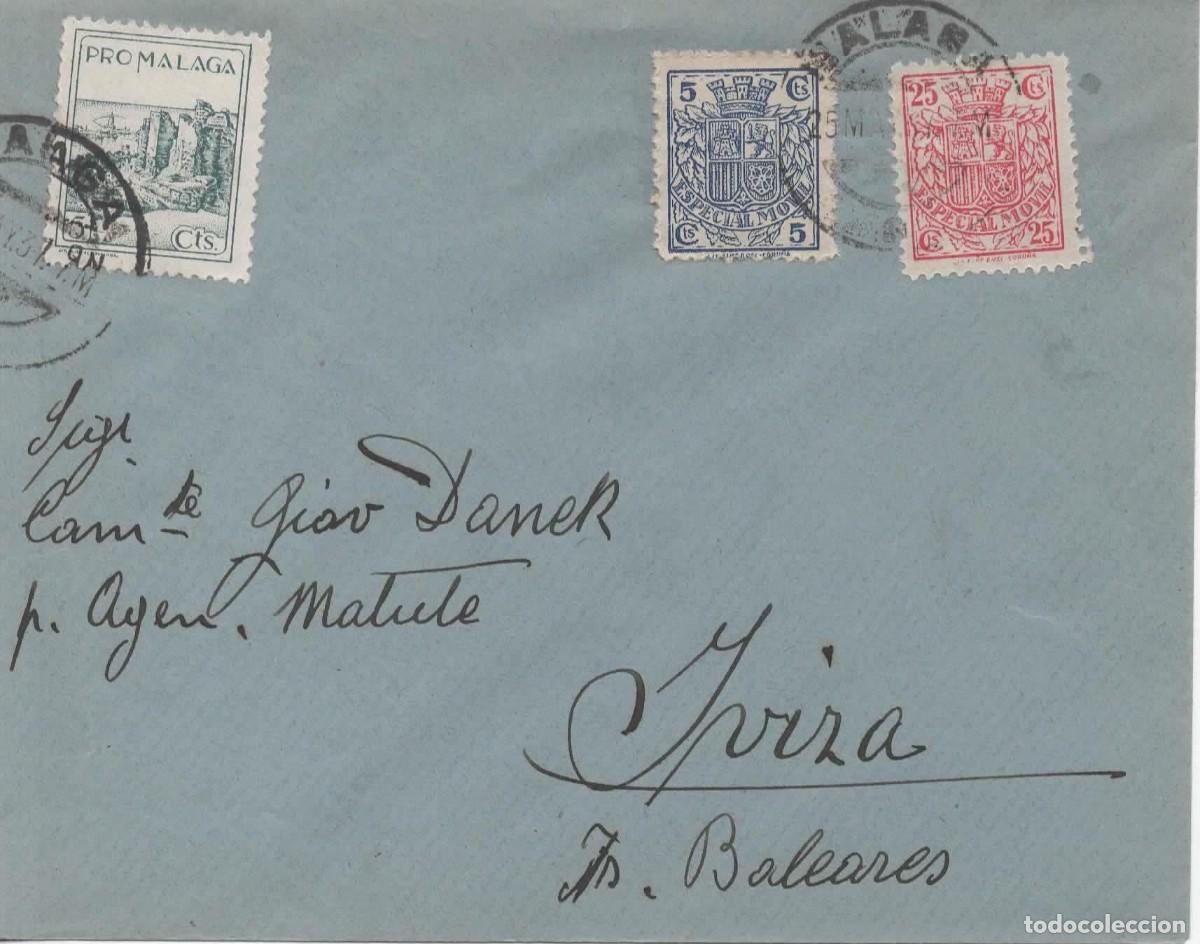 Sellos: GUERRA CIVIL MALAGA A IBIZA FRANQUEO CON SELLOS DE TELEGRAFOS Y PRO MALAGA