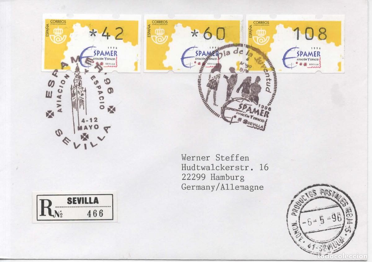 Sellos: SEVILLA CC CERTIFICADA CON ATM ESPAMER 96 Y 3 MAT GIRALDA JUVENTUD Y PRODUCTOS POSTALES
