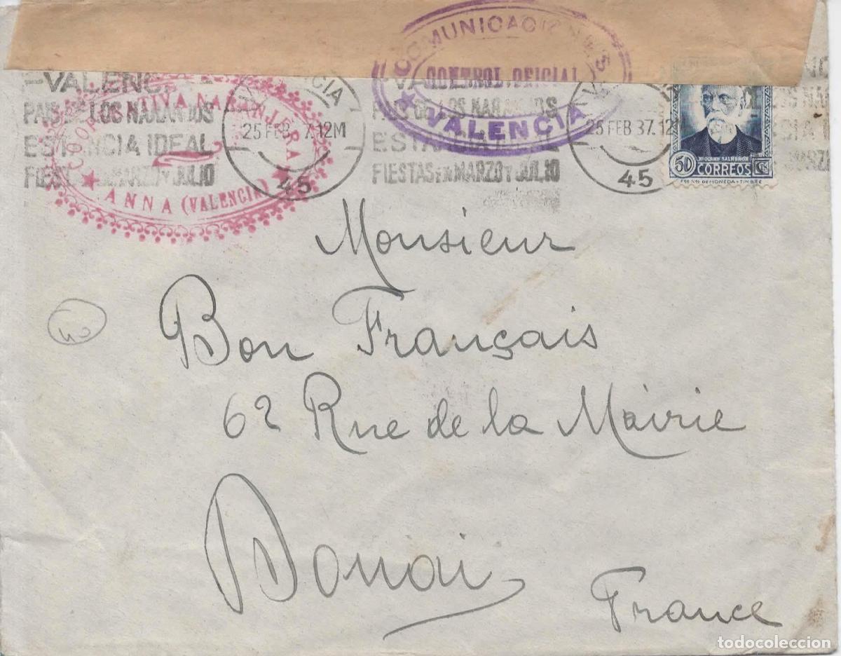 Sellos: SEGUDA REPUBLICA ANNA VALENCIA A DOUAI FRANCIA MAT NARANJOS ORANGE CON CENSURA