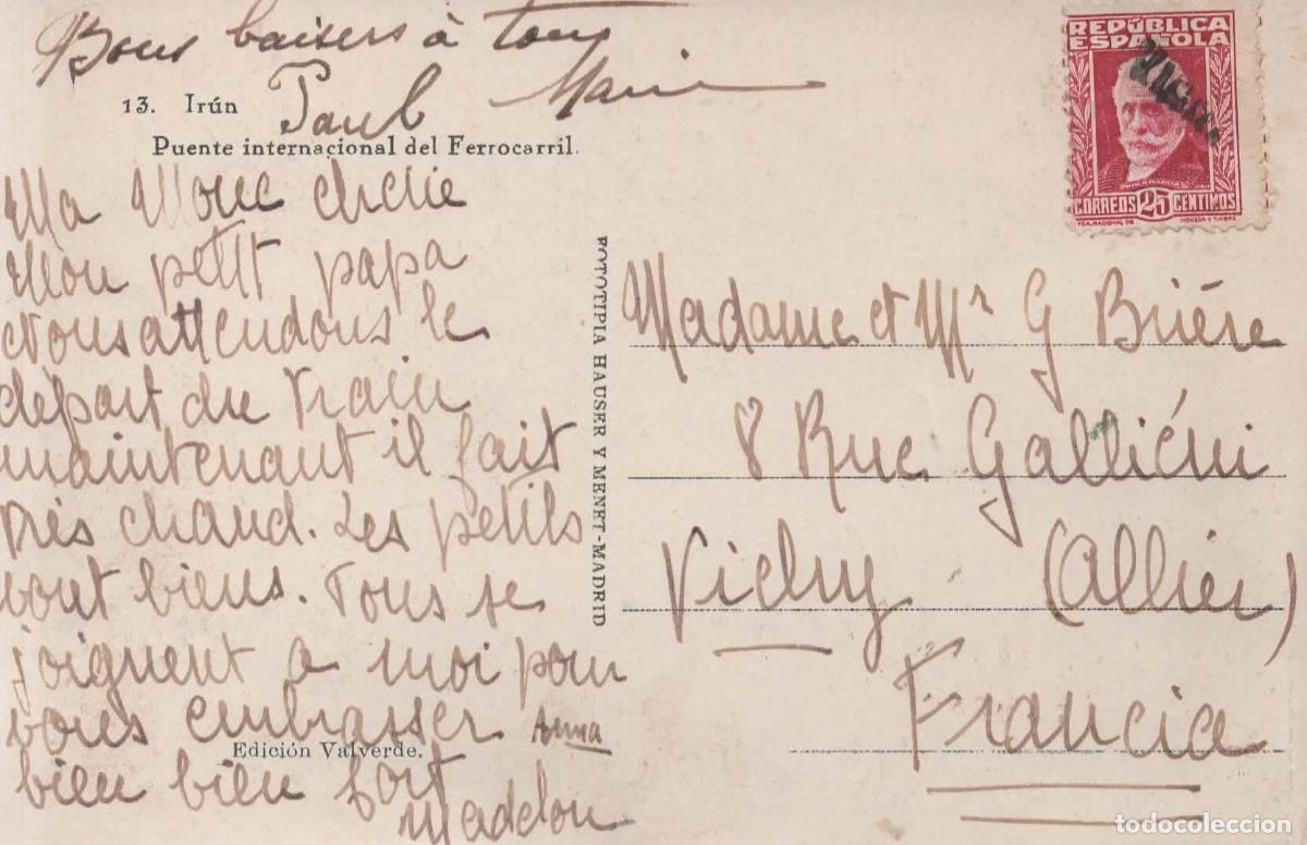 Sellos: SEGUNDA REPUBLICA POSTAL IRUN A VICHY FRANCIA CON ANULACION LINEAL DE VICHY