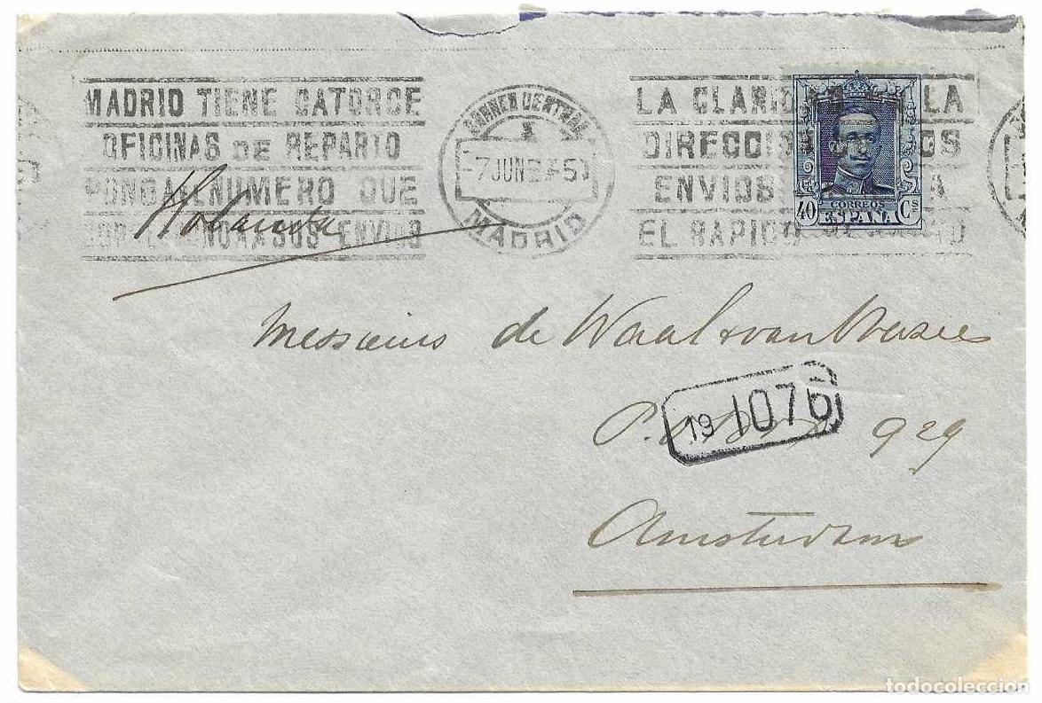 Sellos: RARO MATASELLOS RODILLO MADRID TIENE CATORCE OFICINAS..CORREO CENTRAL MADRID CARTA 1927 PALACE HOTEL