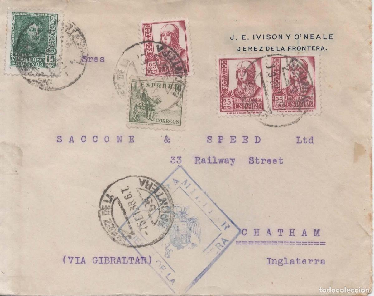Sellos: JEREZ DE LA FRONTERA CADIZ GUERRA CIVIL CC A INGLATERRA CON CENSURA MILITAR 1938