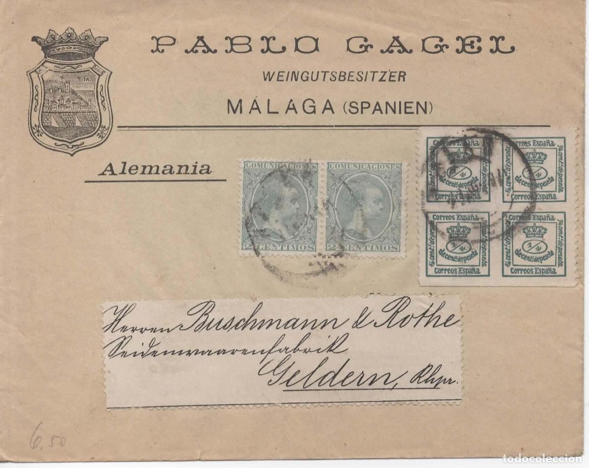 Sellos: MALAGA A ALEMANIA IMPRESOS SELLOS ALFONSO XIII PELON Y CUARTILLOS CON DENTADO PRIVADO