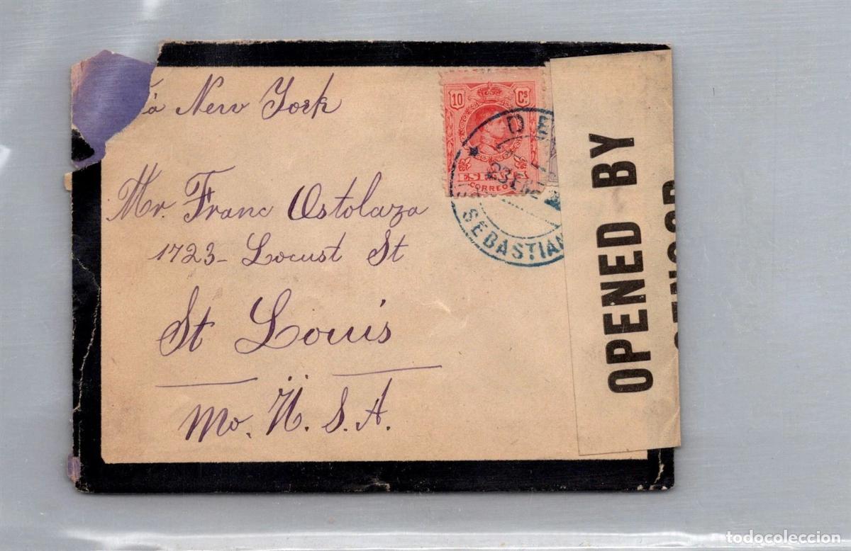 Sellos: DEVA GUIPUZCOA A USA SOBE DE LUTO MAT AZUL CON CENSURA MILITAR