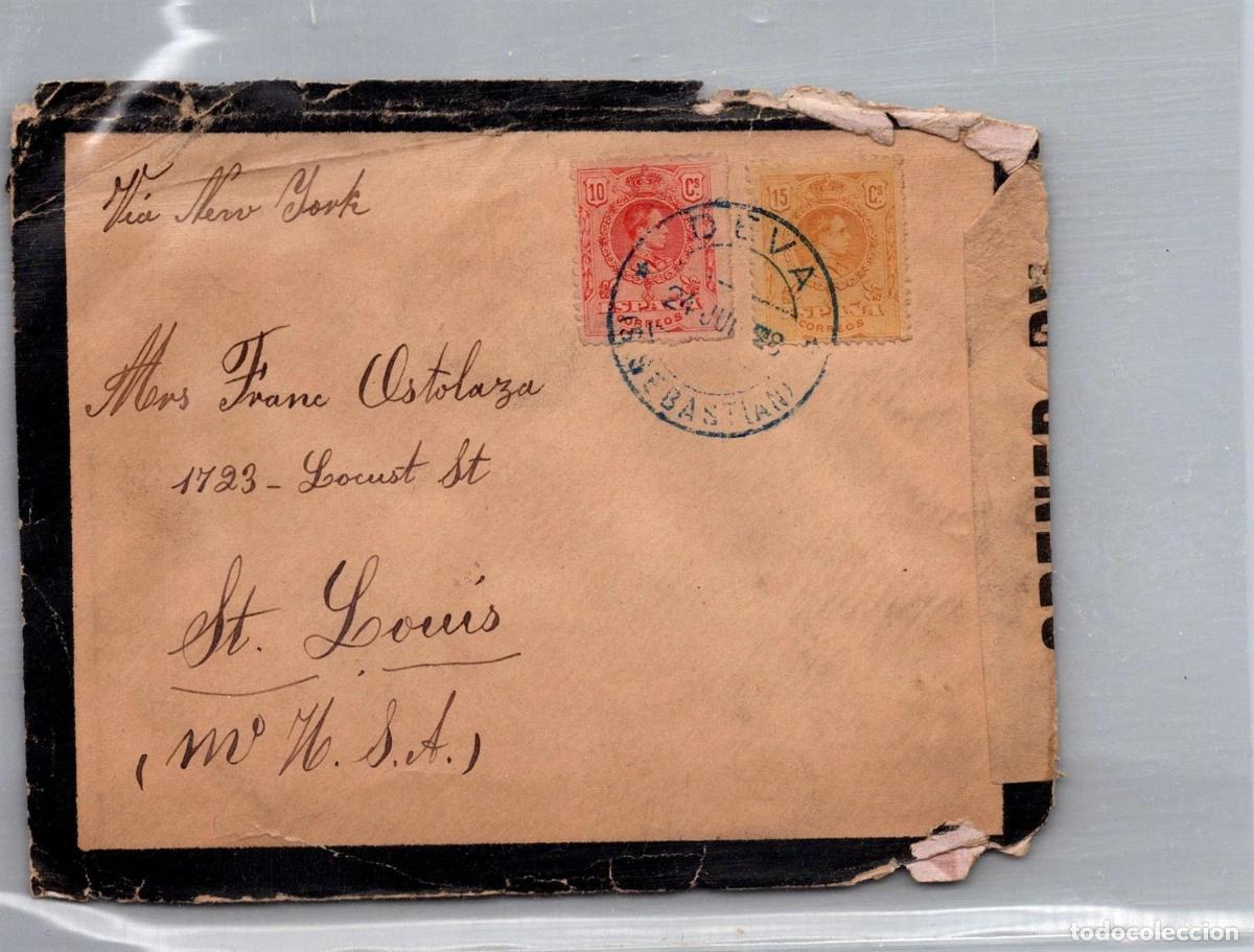 Sellos: DEVA GUIPUZCOA A USA SOBE DE LUTO MAT AZUL CON CENSURA MILITAR