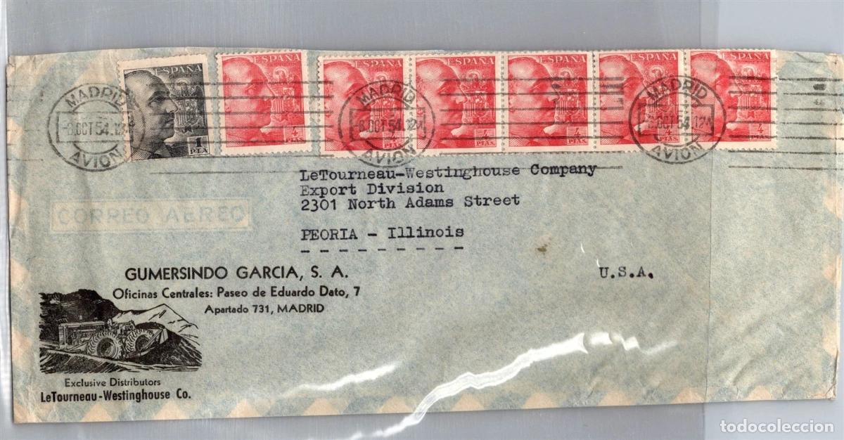 Sellos: MADRID AVION A USA CORREO AEREP 1954 FRANQUEO 25 PTS