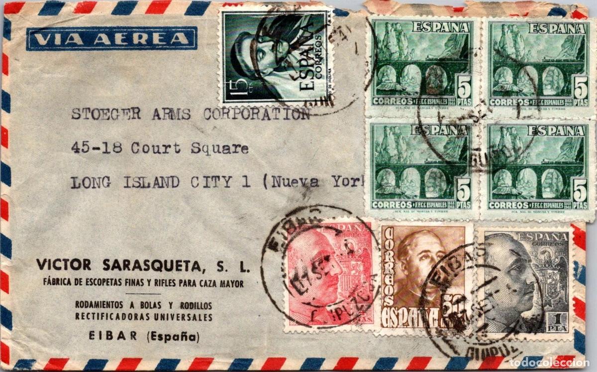 Sellos: EIBAR A USA 1953 AEREA FRANQUEO 25,65 PTS SELLO PUENTE FERROCARRIL