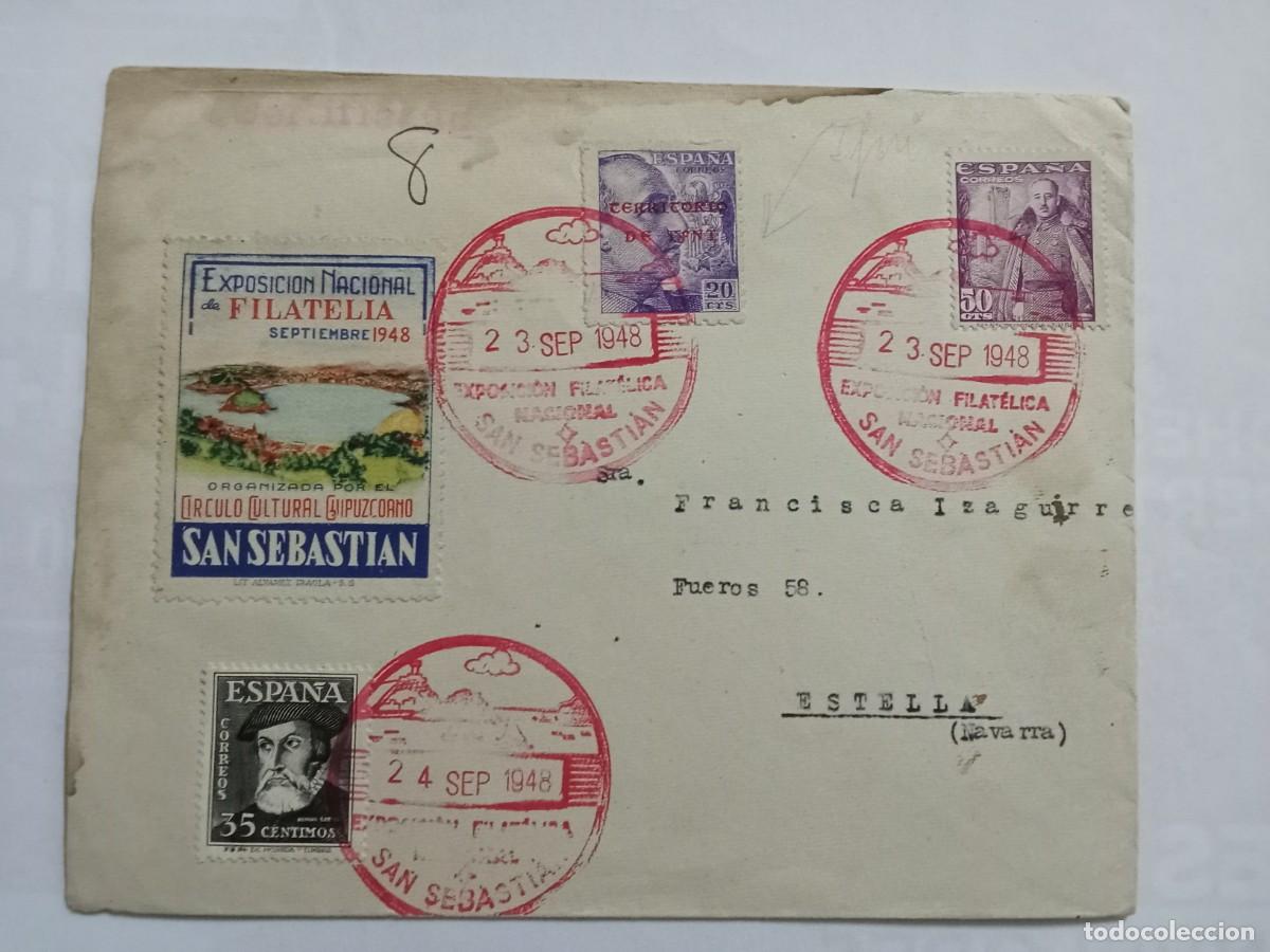 Sellos: CARTA CIRCULADA POR EL INTERIOR DE ESTELLA (NAVARRA), A&Ntilde;O 1948, TRES MATASELLOS 23-9-1948 EN ROJO.