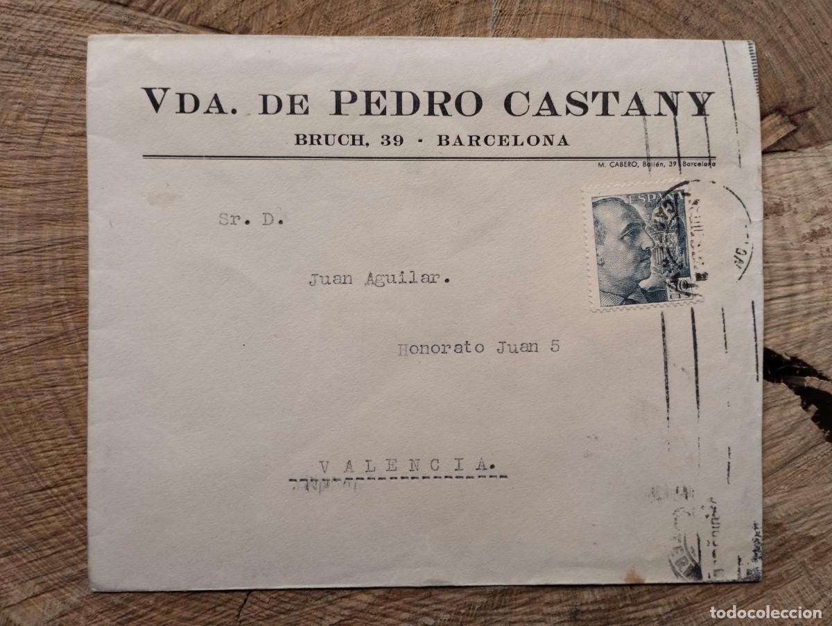 Sellos: Sobre comercial Vda. Pedro Castany, Barcelona. Empresa de tejidos. Industria Textil. A&ntilde;os 50. Sello.