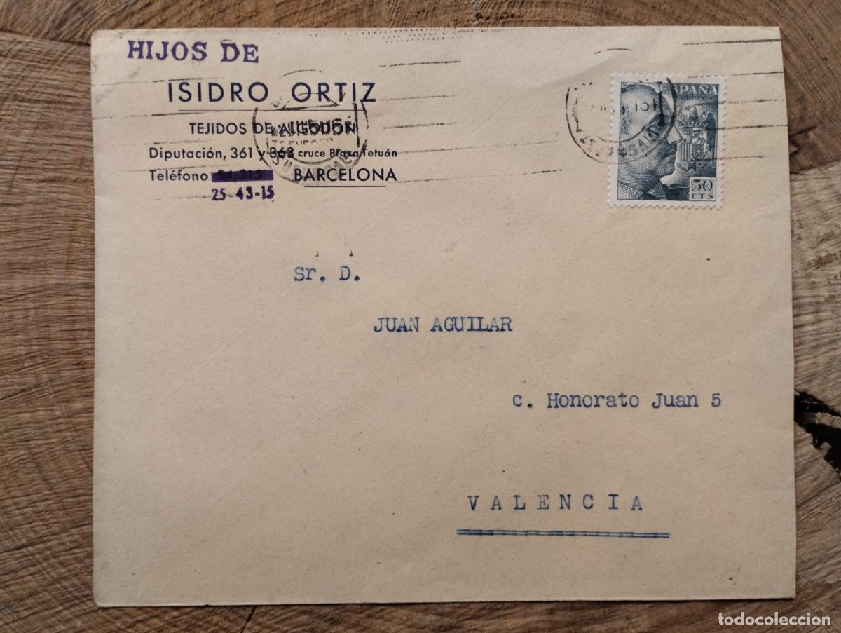 Sellos: Sobre comercial Hijos de Isidro Ortiz, Tejidos de Algod&oacute;n de Barcelona. Industria Textil. A&ntilde;os 50.