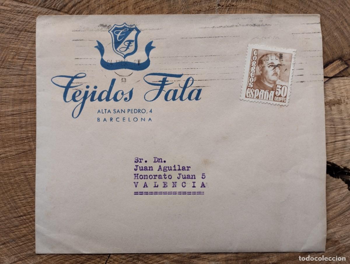 Sellos: Sobre comercial Tejidos Fala de Barcelona. Industria Textil. A&ntilde;os 50 con sello.