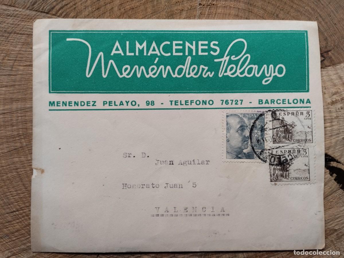 Sellos: Sobre comercial de Almacenes Men&eacute;ndez Pelayo de Barcelona. Empresa de tejidos. Industria Textil. '50