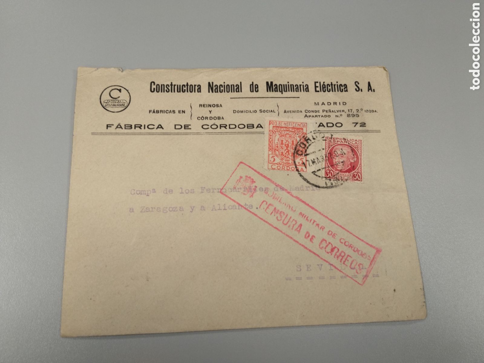 Sellos: Sobre frontal circulado guerra civil bando nacional.falange.censura militar c&oacute;rdoba.andalucia.requet