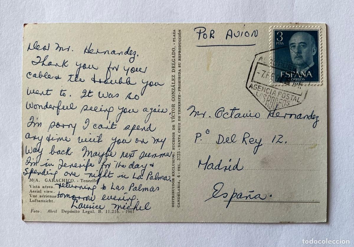 Sellos: POSTAL CIRCULADA AVION A&Eacute;REO LOS RODEOS A MADRID A&Ntilde;OS 60 MATASELLO AEROPUERTO LOS RODEOS TENERIFE