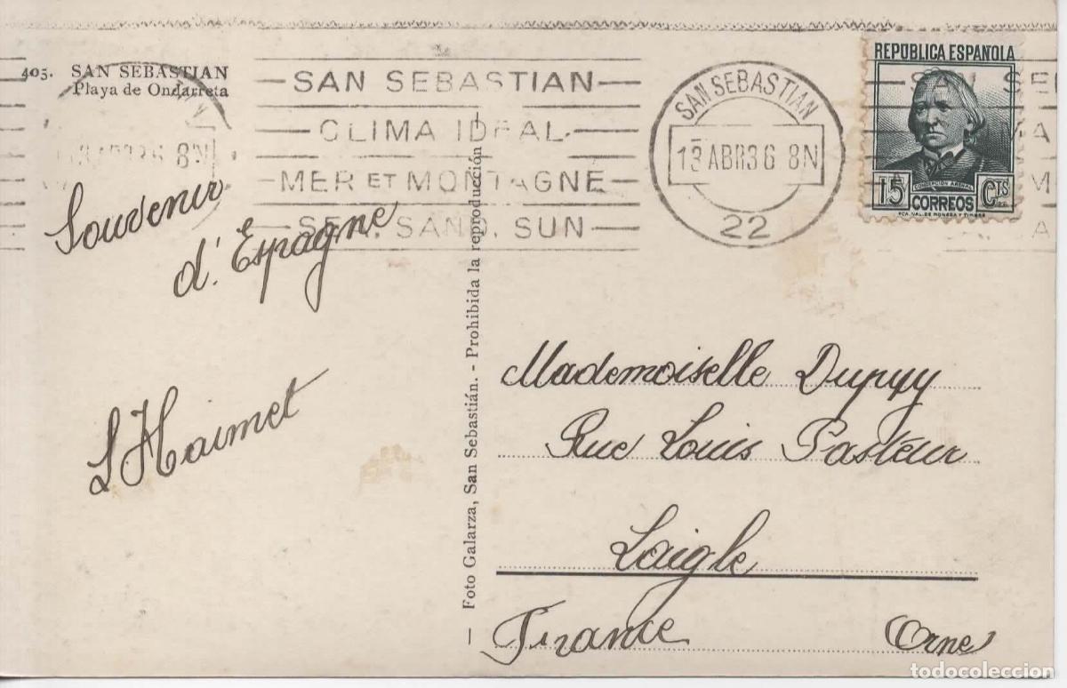 Sellos: TARJETA POSTAL SAN SEBASTIAN MAT RODILLO 1936 TRILINGUE MAR Y MONTA&Ntilde;A